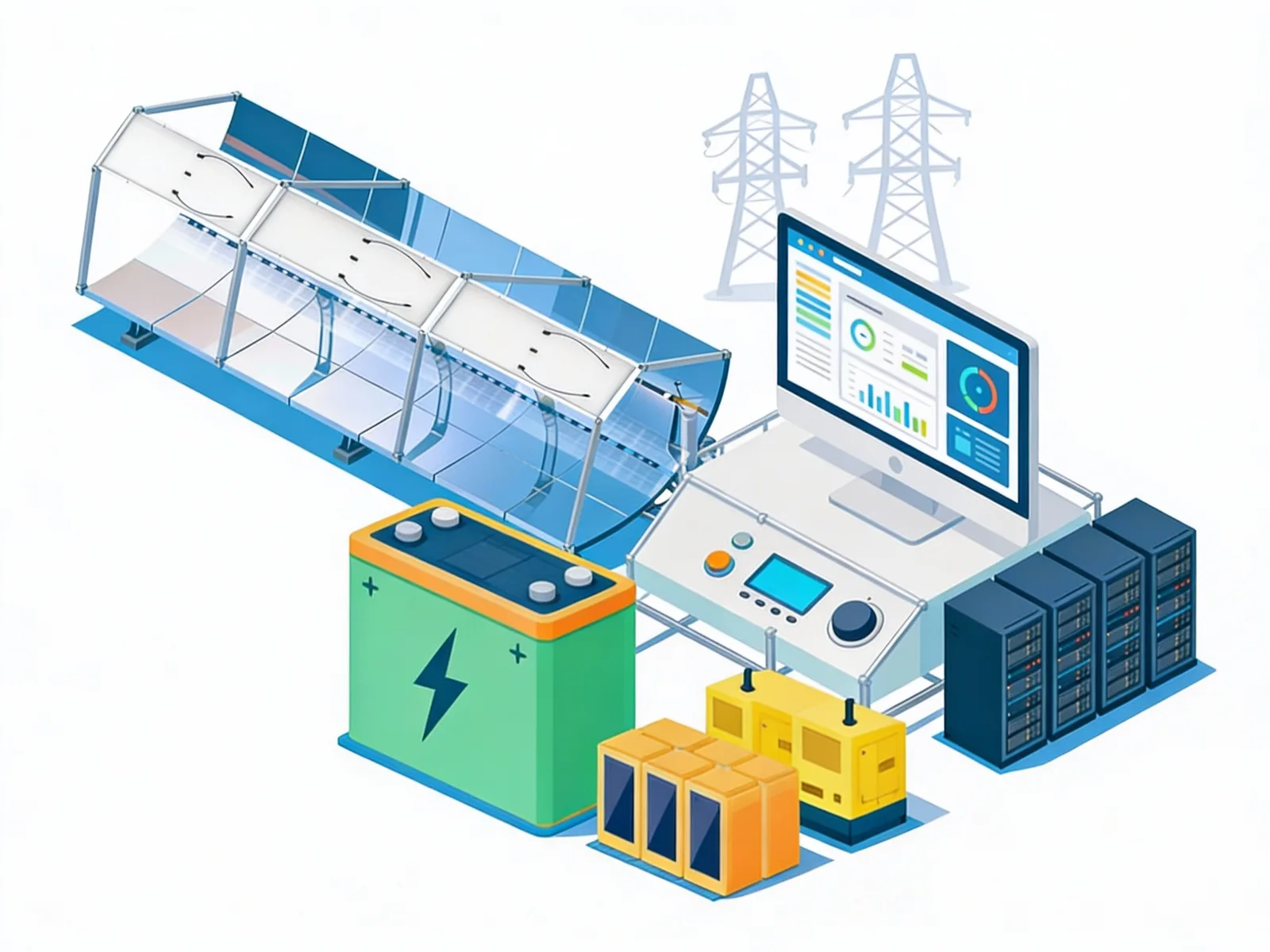Illustration of a modular hybrid solar power block with concentrator, storage, and AI power management