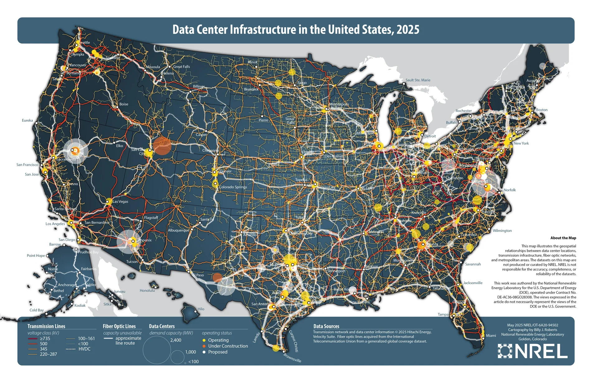 NREL map: data center infrastructure in the United States, 2025 — locations, demand capacity, and transmission lines