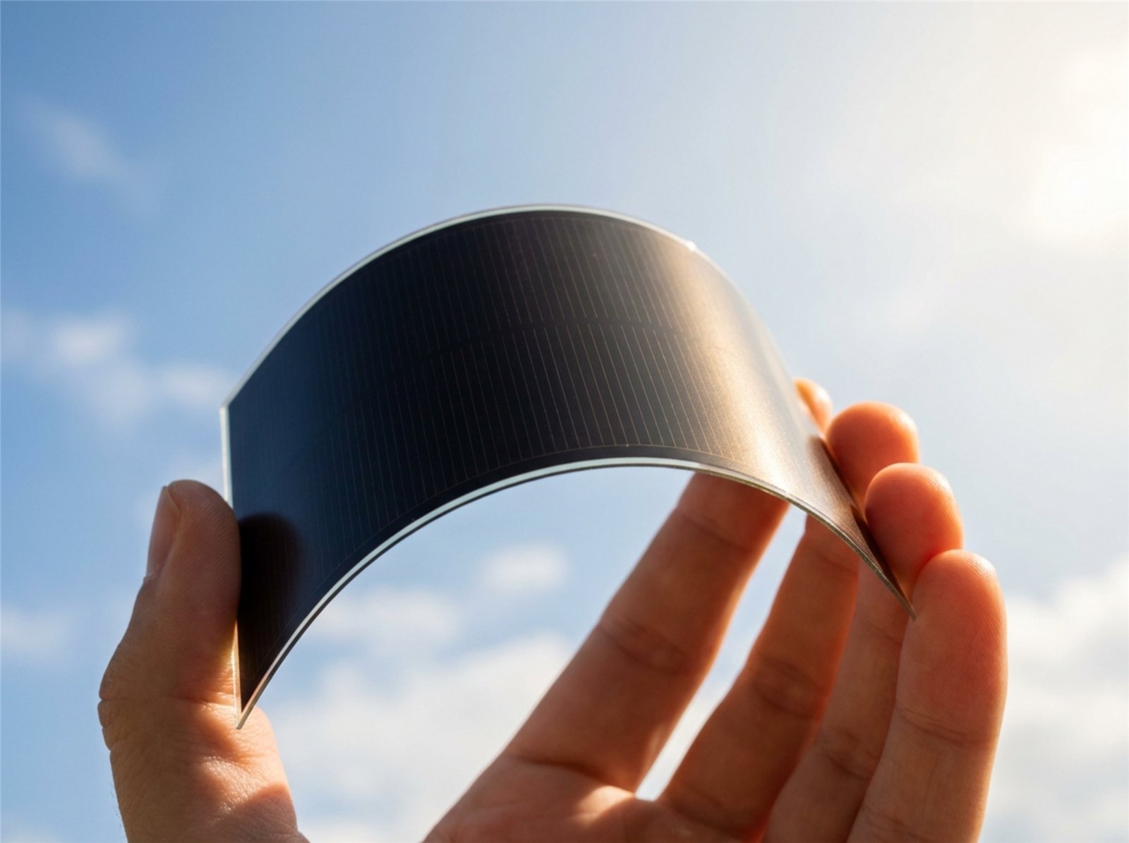 A flexible thin-film CdTe solar cell bending between two fingers against a blue sky