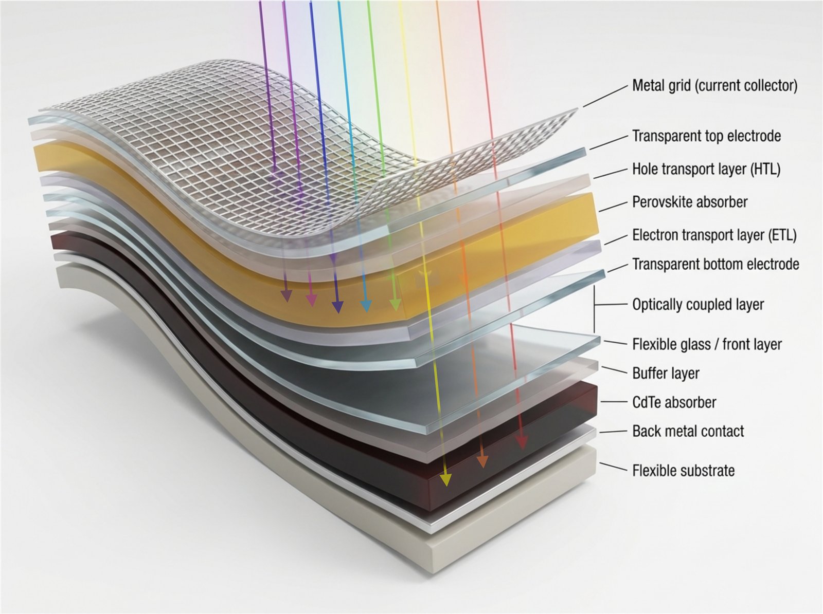 Exploded-view diagram of a tandem solar cell layer stack, from the metal grid and top absorber down to the CdTe absorber and flexible substrate